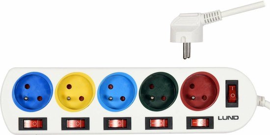 Wit LUND verlengsnoer met 5 gekleurde stopcontacten (blauw, geel, groen, rood) en individuele schakelaars.
