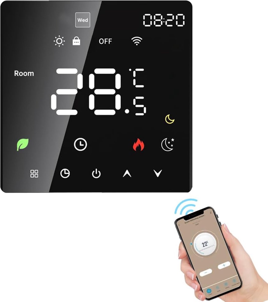 Slimme Thermostaat - Kamerthermostaat Verwarming - Vloerverwarming Bediening - WiFi Spraakbesturing - 86x86x40 mm - Zwart