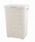 Witte wasmand met deksel en een geweven patroon.