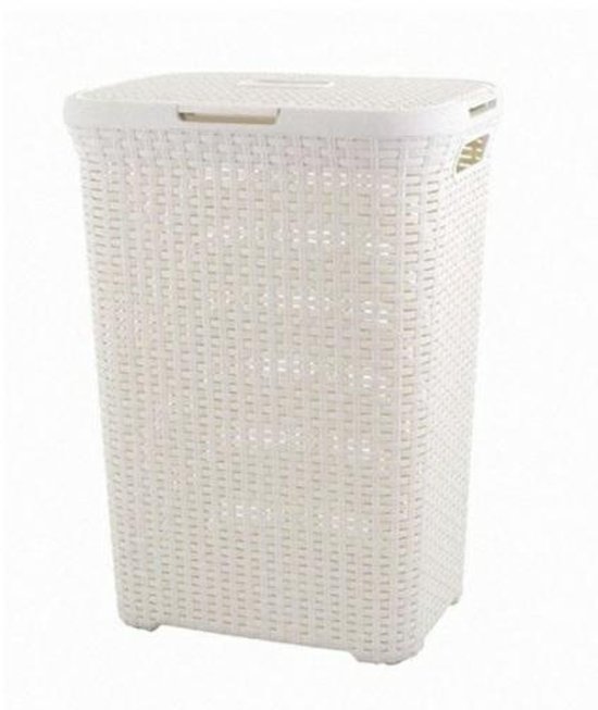 Witte wasmand met deksel en een geweven patroon.