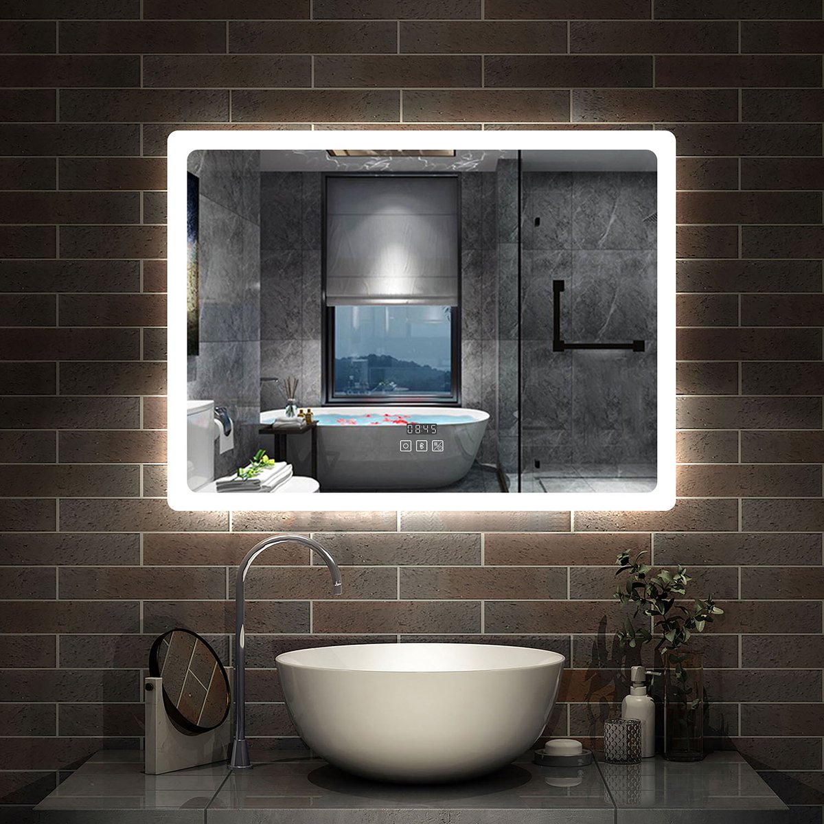 AICA Badkamerspiegel 70x50 cm met Bluetooth en Tijd - 3 LED standen - Dimbaar - Anti-Condens - Geheugen Rechthoek Wandspiegel met Warm/Neutraal/Koud Wit IP44