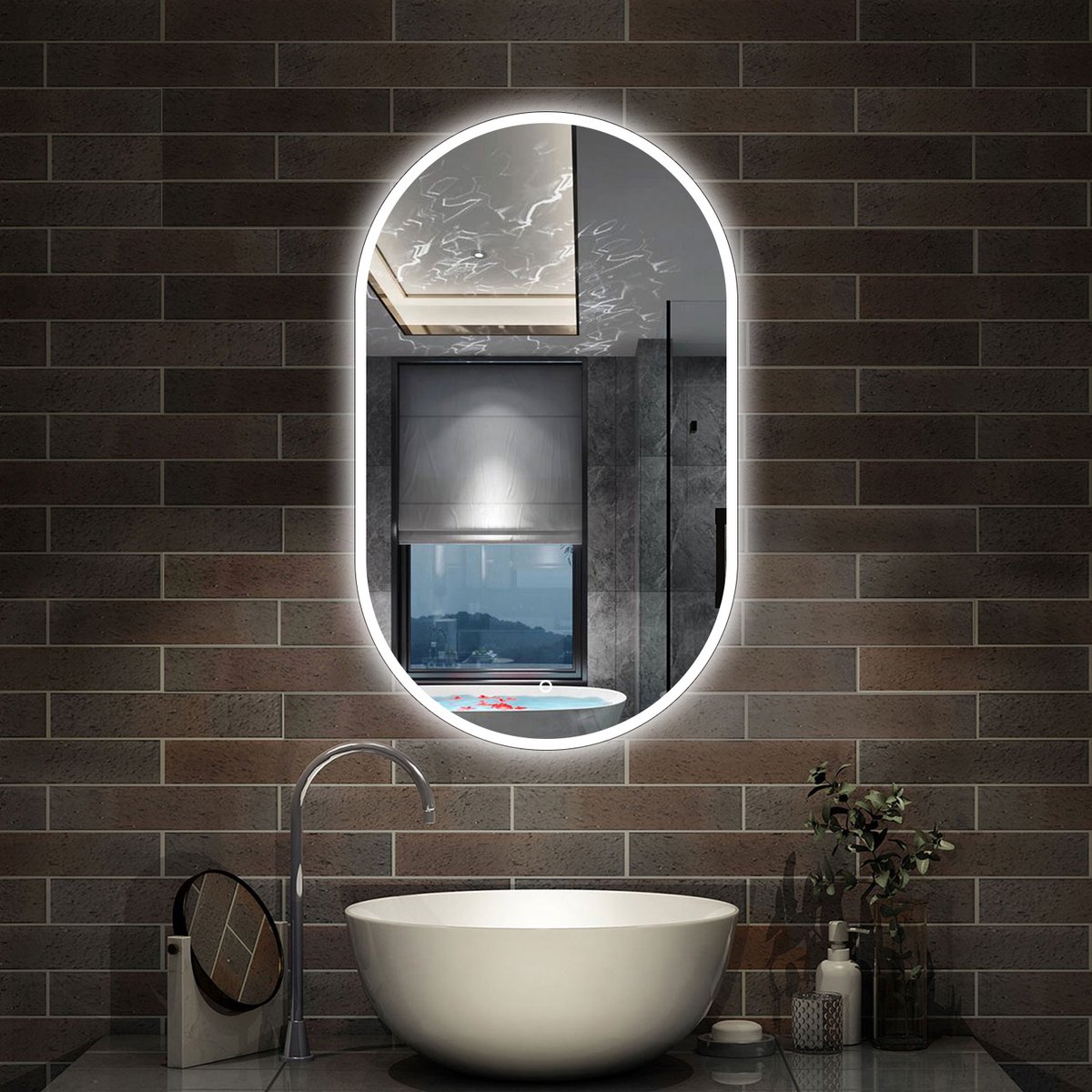 AICA LED Badkamerspiegel 50x90 cm met 3 LED standen - Dimbaar - Anti-Condens - Geheugen - Ovaal Douchespiegel Make-up spiegel Warm/Neutraal/Koud Wit IP44 Horizontaal / Verticaal