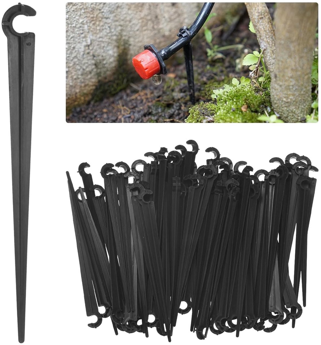Grondpennen voor Druppelslang - 100 Stuks - Leidinghouders voor 4/7 mm Micro Drip Systeem - Bevestigingspennen Tuinbewatering - Zwart Kunststof