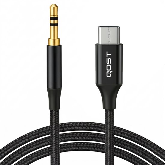 Qost - Câble USB-C vers Aux - Zwart - 1 Mètre - Jack 3,5 mm vers USB-C - Male vers Male - Compatible avec iPhone 15 / 15pro / 15plus / 15pro max / iPad Pro / Air, Galaxy S23 Ultra / S23 / S22 / S21, Huawei P60 / 50 / 40 etc.