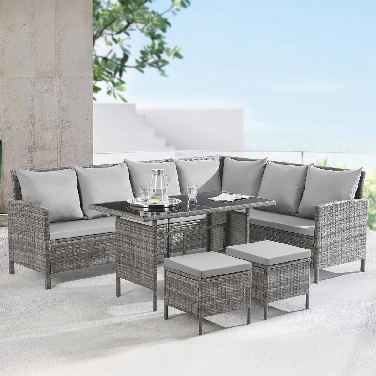 Luxe Madison Poly Rattan Hoekbank Loungeset met Glazen Tafel 233x167x80 cm – 4-5 Persoons Tuinmeubel Set | Modern Lounge Dining Design
