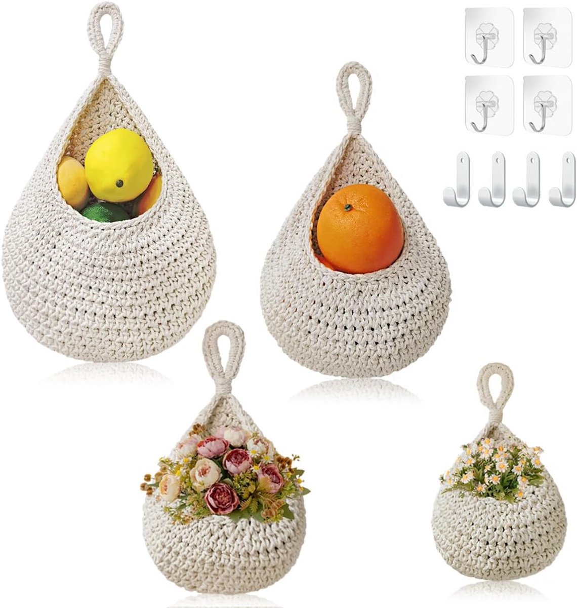 Hangende Fruitmanden - Keuken Manden - Keuken Opbergen - 100% Handgeweven - Set van 4 - Wit