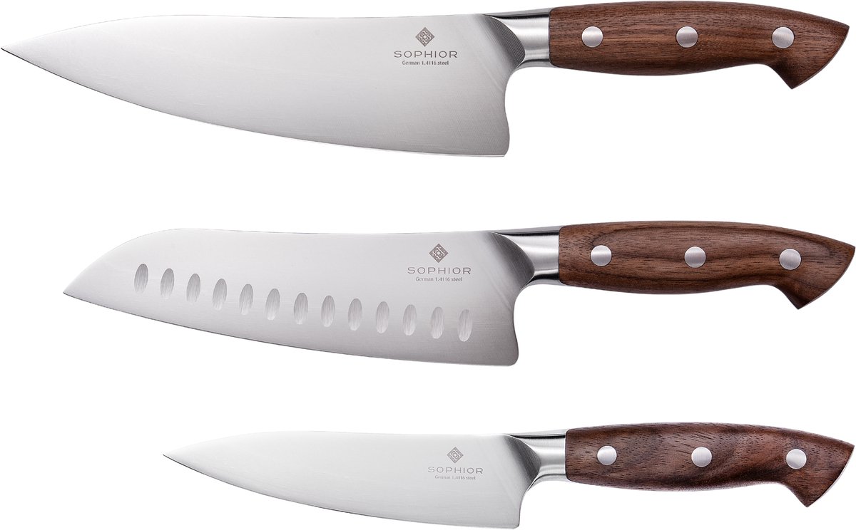SOPHIOR – Messenset 3-delig – Koksmes 21 cm + Santokumes + Koksmes 14 cm – Duits Staal – Walnoot Houten Handvat