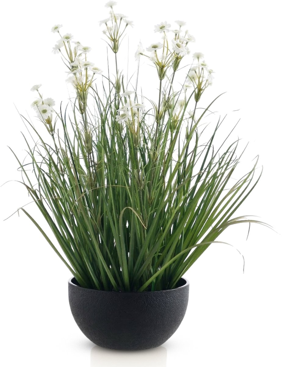 Meisterhome® Kunstplant Siergras 56 cm – Wit met Groen – Inclusief Pot – Onderhoudsvrij – Decoratieve Kamerplant