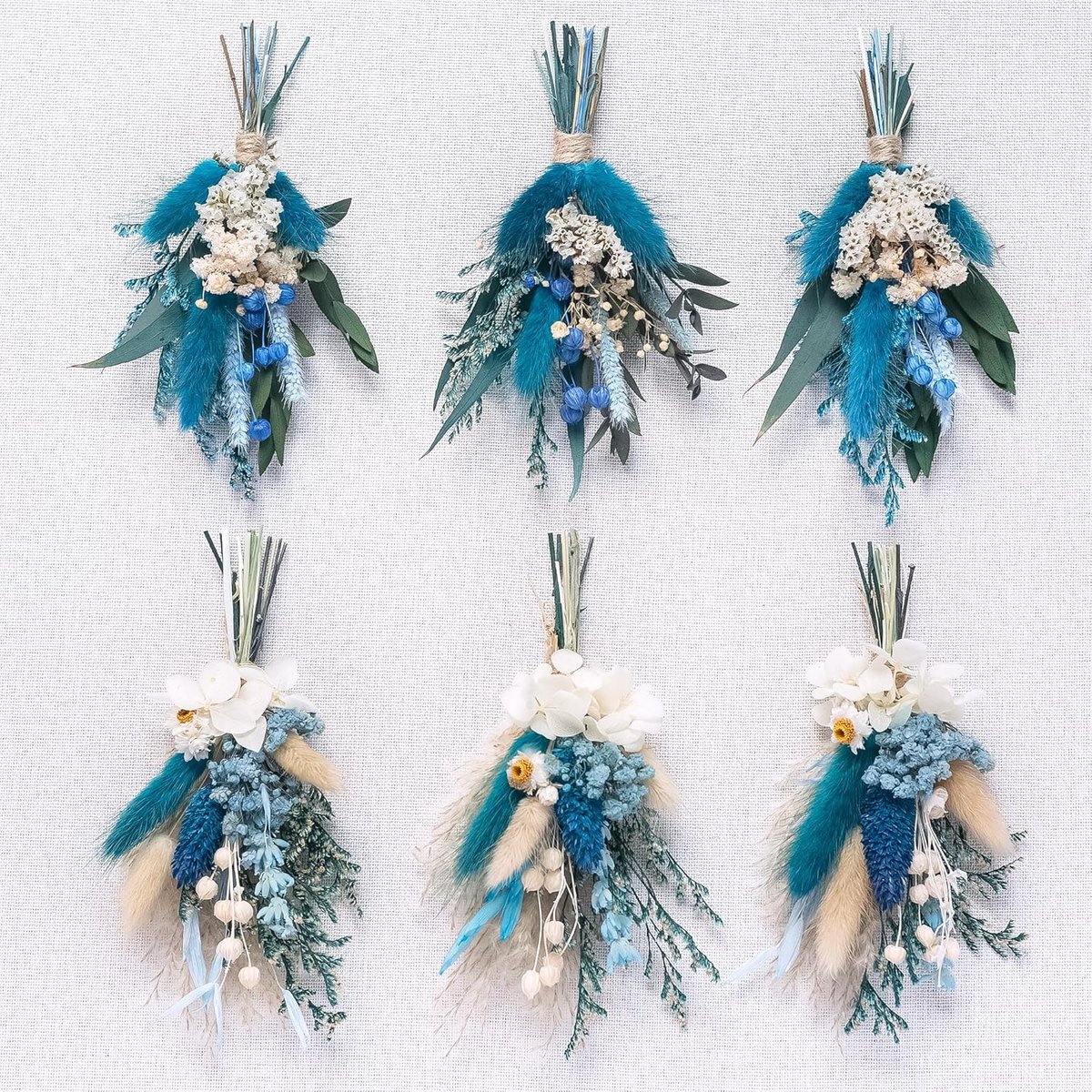 Mini Droogbloemen Boeket - Boho Decoratie - Bruidstaart Versieren - Handgemaakt Set - 6 Stuks - Grijsblauw