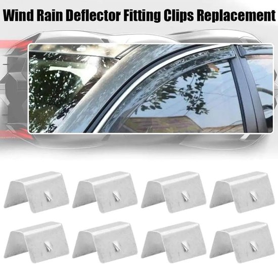 Set van acht zilverkleurige windafwijsclips voor auto's.