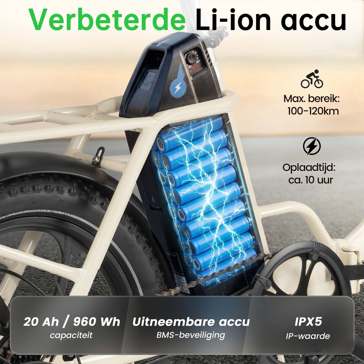 vankel MULE Elektrische Fiets – Opvouwbare E-bike – 20×3.0 Inch Banden – 48V 20Ah Accu – Actieradius tot 70 km – Mechanische Schijfremmen – Stadsfiets – Max. Belastbaar 120 kg – Wit – foto 5