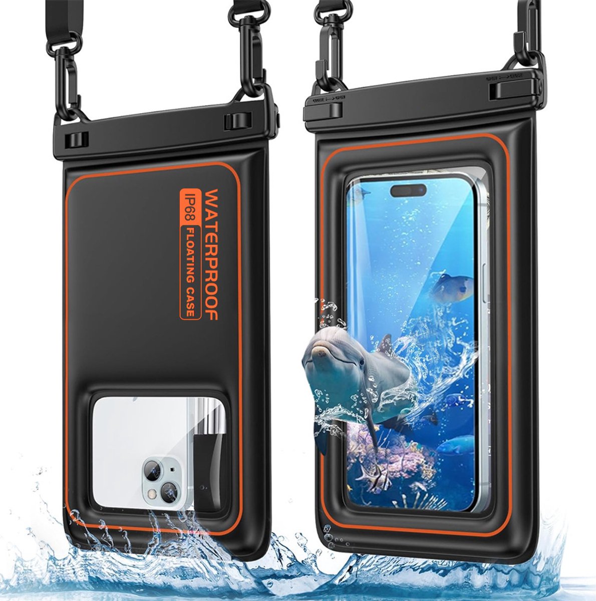 2 waterdichte telefoonzakken, geschikt voor iPhone 17 Pro Max/16/15/14/XR/X/SE/8/7, Galaxy S25/S26, Google, geschikt voor telefoons tot 6,9 inch, IPX8 waterdichte zak, essentiële vakantieartikelen (zwart-oranje)