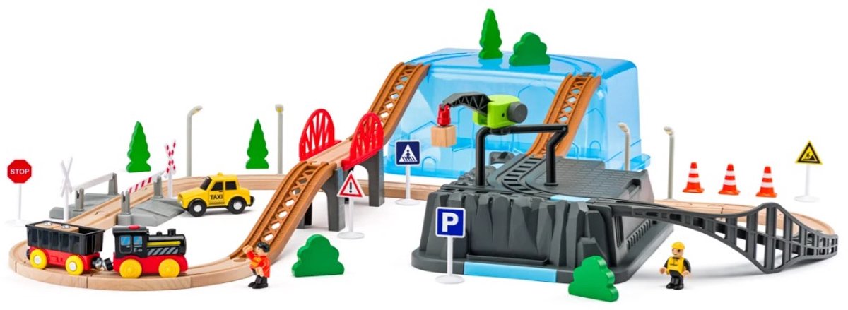 Woody treinset speelgoed in box - houten en kunststof treinbaan.