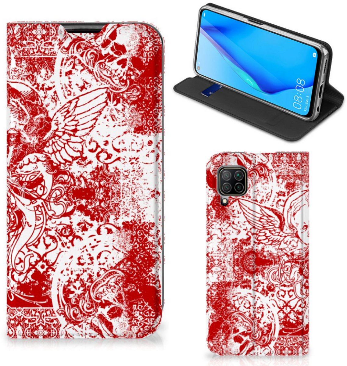 Mobiel BookCase Huawei P40 Lite Angel Skull Rood