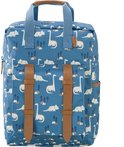 Blauwe rugzak met een speelse dinosaurussenprint, bruine leren gespen en handvat.