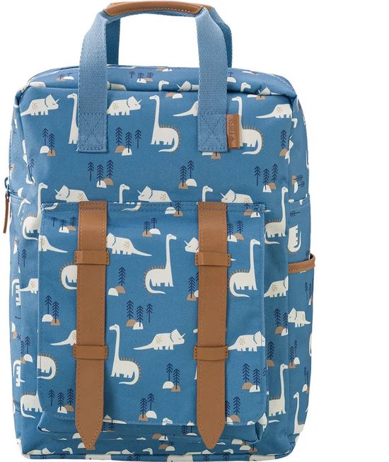 Blauwe rugzak met een speelse dinosaurussenprint, bruine leren gespen en handvat.