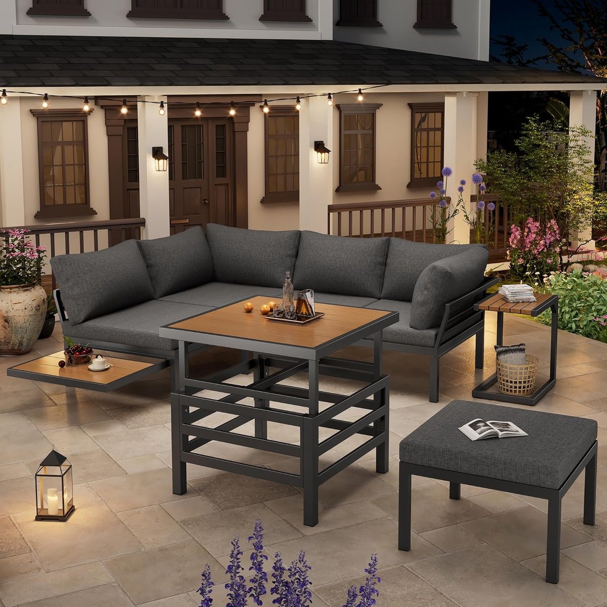 Luxe 5-persoons Modulaire Outdoor Lounge Set met Verstelbare Tafel & Kussens – Tuinmeubel Set Grijs B