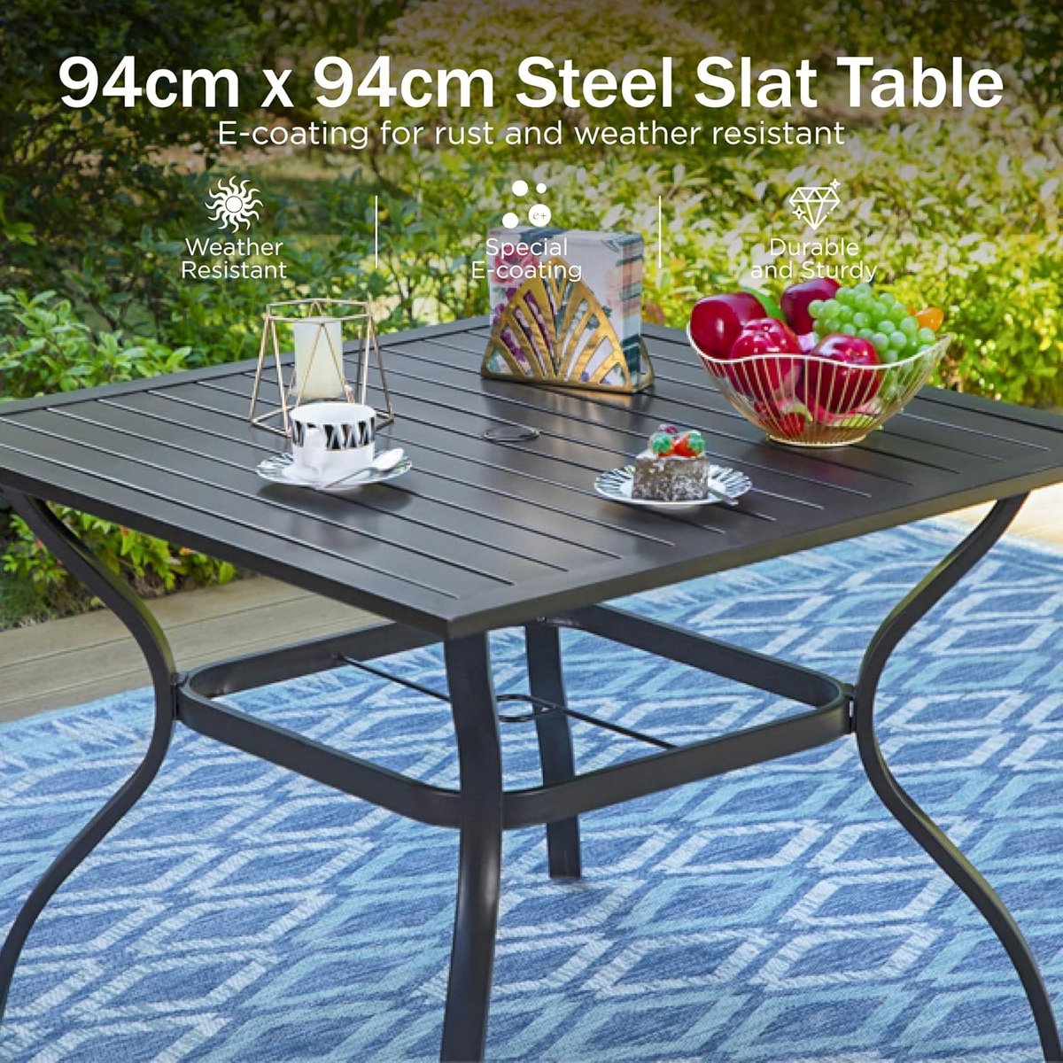 Tuintafel 94x94 cm Zwart met Parasolgat 4 cm – Metalen Eettafel voor Buiten, Weerbestendig & Roestvrij Stalen Frame – 4 Personen – Laura