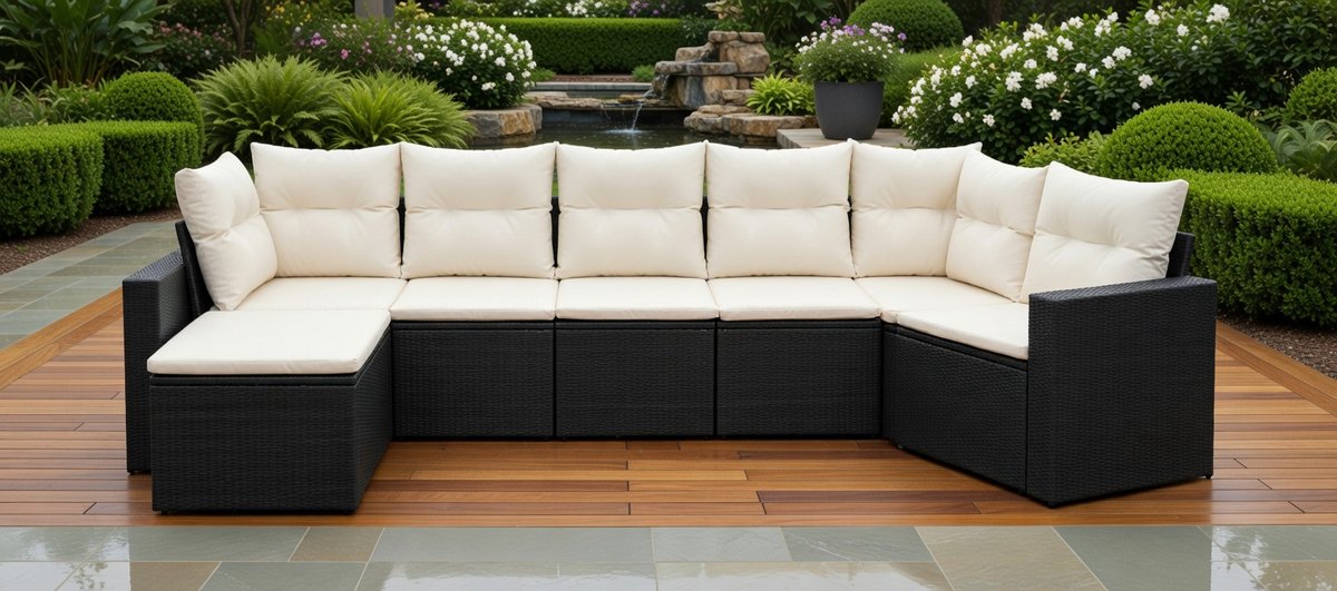 Luxe 7-Delige Polyrotan Tuinset met Comfortabele Kussens – Zwart en Crème – Tuinmeubelen voor Buiten, Terras, Balkon en Tuin – MedaHomeStore