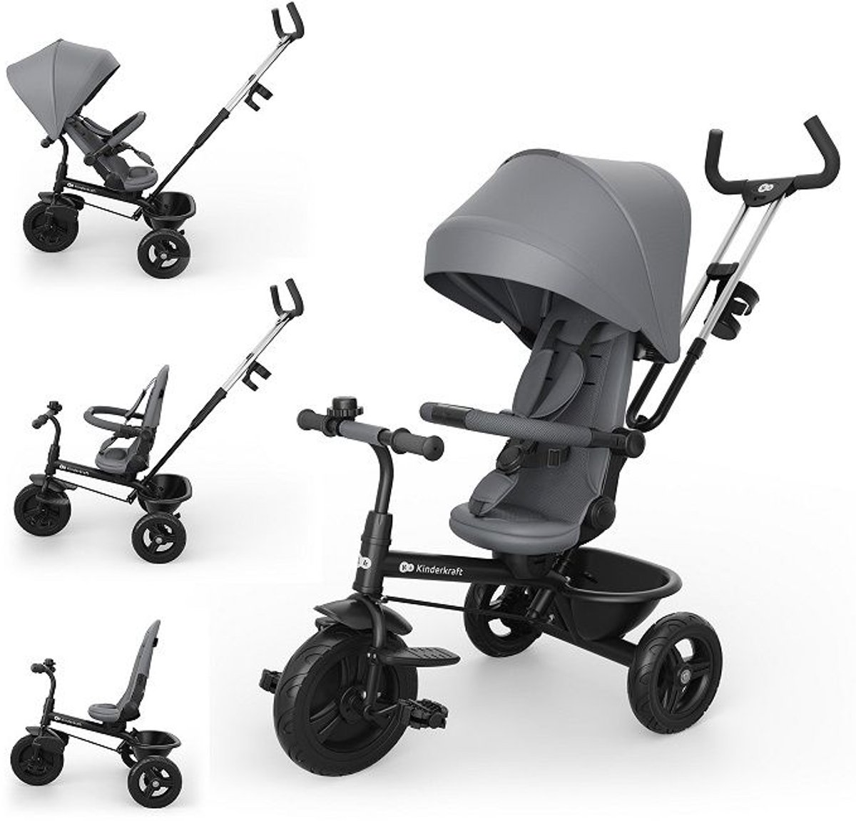 Kinderkraft JAZZ 3 Driewieler – 9 maanden tot 5 jaar – Inklapbaar & Lichtgewicht – 360° Draaibare Click & Twist Stoel – Verstelbare Oudergreep & Zonnekap – Grijs