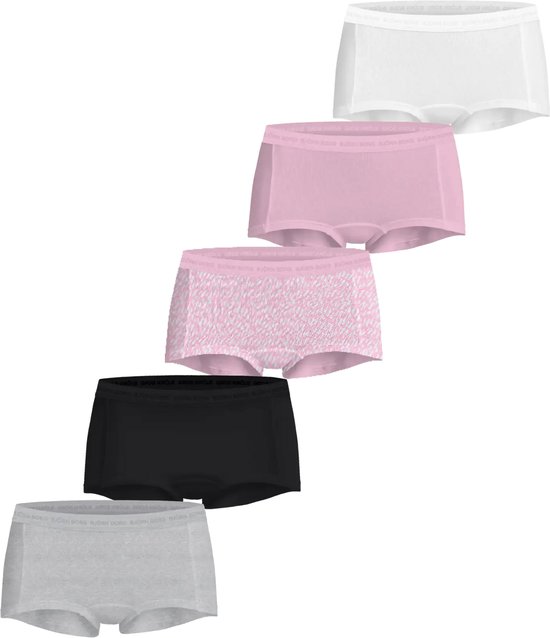 Vijf Björn Borg boxershorts in wit, roze, met print, zwart en grijs. Allen met logo.