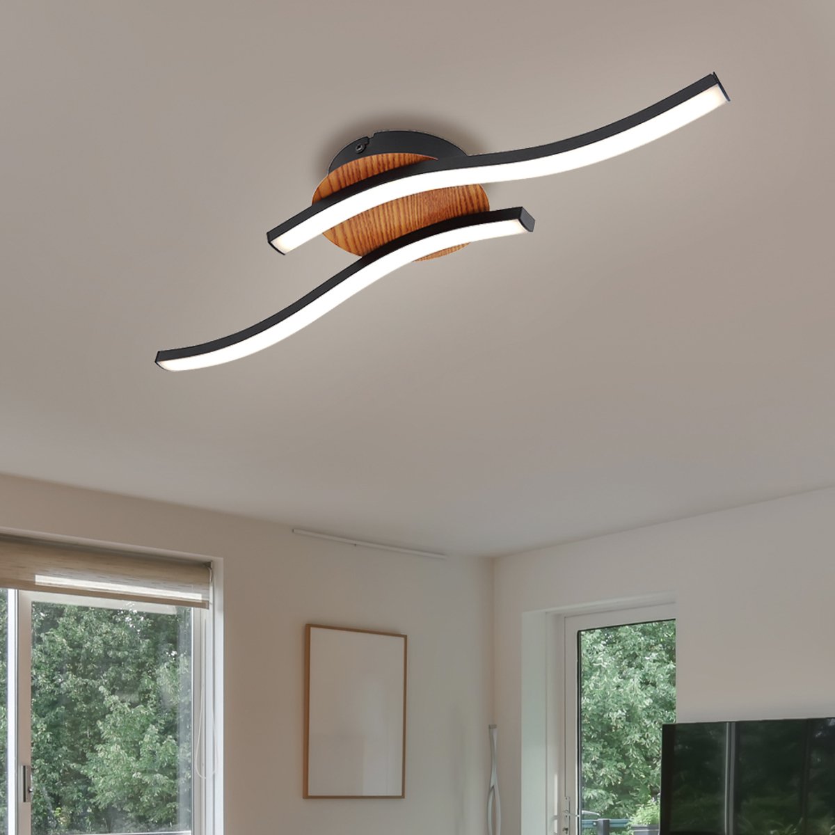 LED-plafondlamp zwart woonkamerlamp plafondlamp houtlook 2-vlammig L 51 cm
