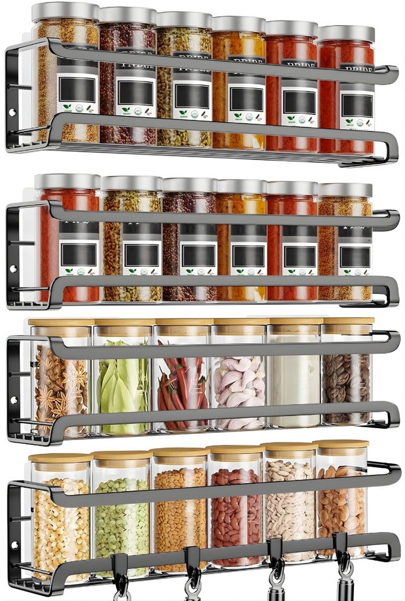 DnA® Kruidenrek - Kruidenpotjes - Kruidenrek Ophangbaar - Kruidenrek Staand - Zwart - 7cm x 29cm x 7cm
