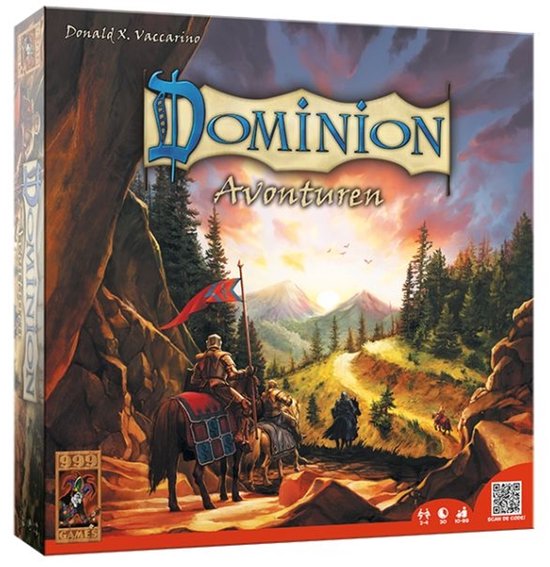 Doos van het Dominion: Avonturen uitbreidingsspel met een schilderij van ruiters op paarden in een berglandschap.