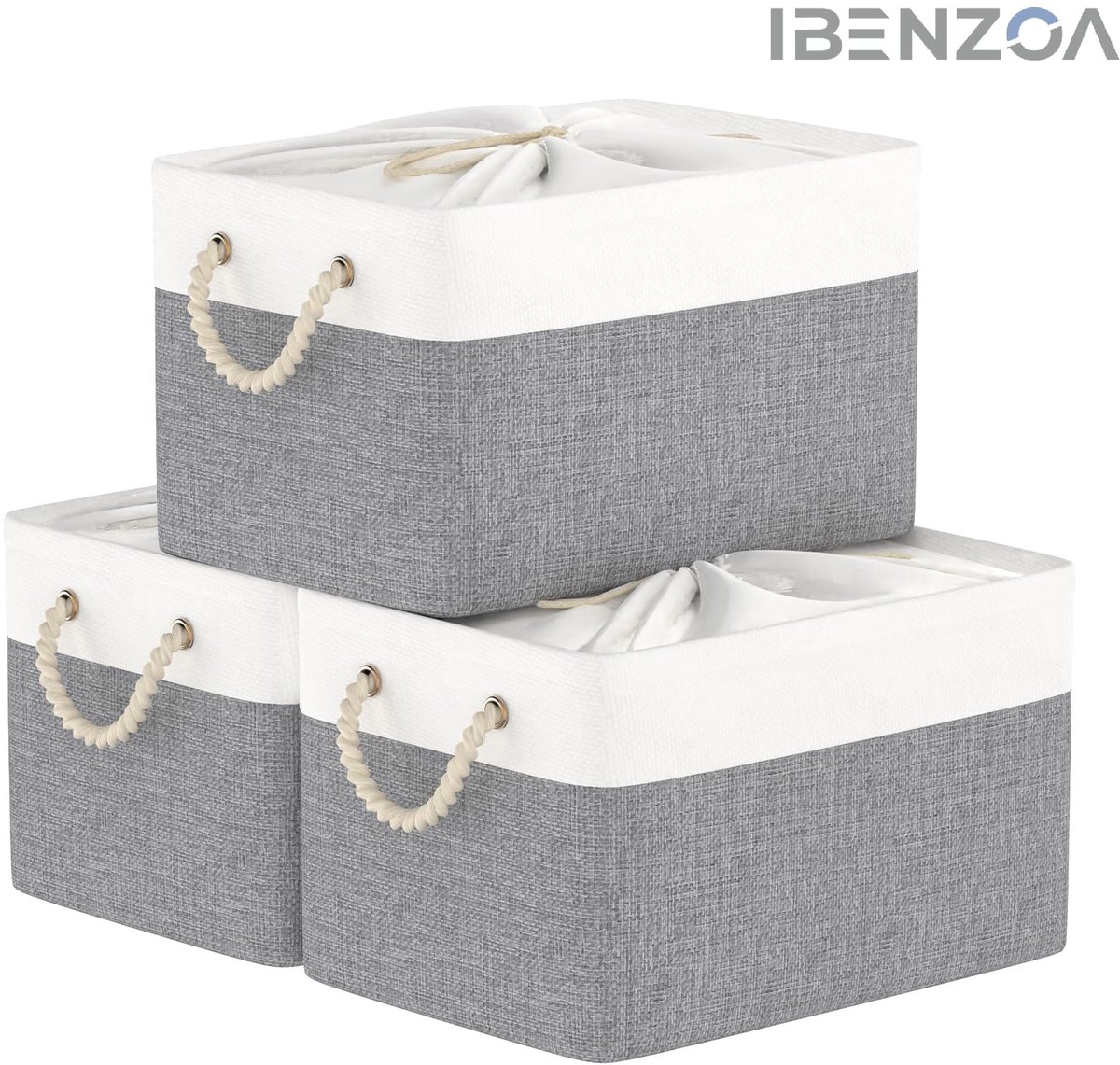 Ibenzoa Opbergbox - Set van 3 - 37x26x20 cm - Wit/Grey - Canvas Wit;Grijs