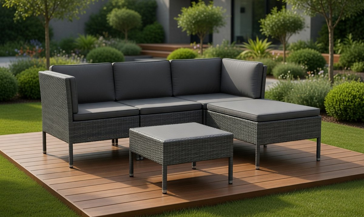 Luxueuze 5-delige Polyrotan Tuin Loungeset – Modulair en Comfortabel – Tuinbankset met Zachte Kussens – medahomestore