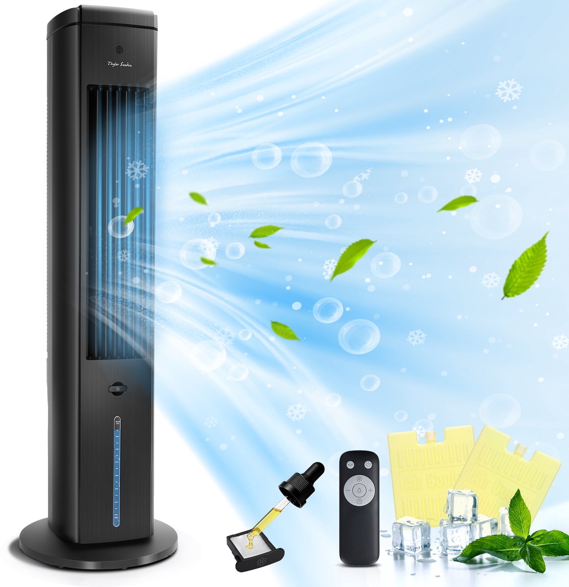 Taylor Swoden Onyx - Luchtkoeler – Aircooler 5L - Torenventilator - Oscillerend - Ventilator met koelelement - Met Afstandsbediening & Aromafunctie - Zwart