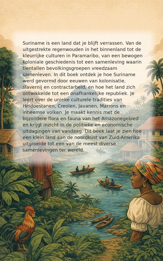 Boekomslag: Suriname, met landschap van tropisch bos, rivier met kano's, dorpje en mensen.