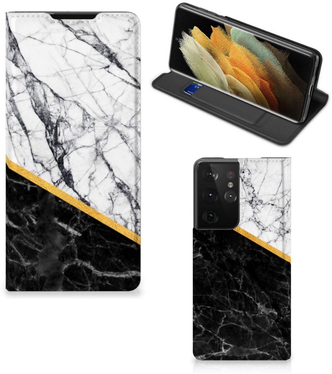 Samsung Galaxy S21 Ultra Standcase Marmer Wit Zwart - Origineel Cadeau Man