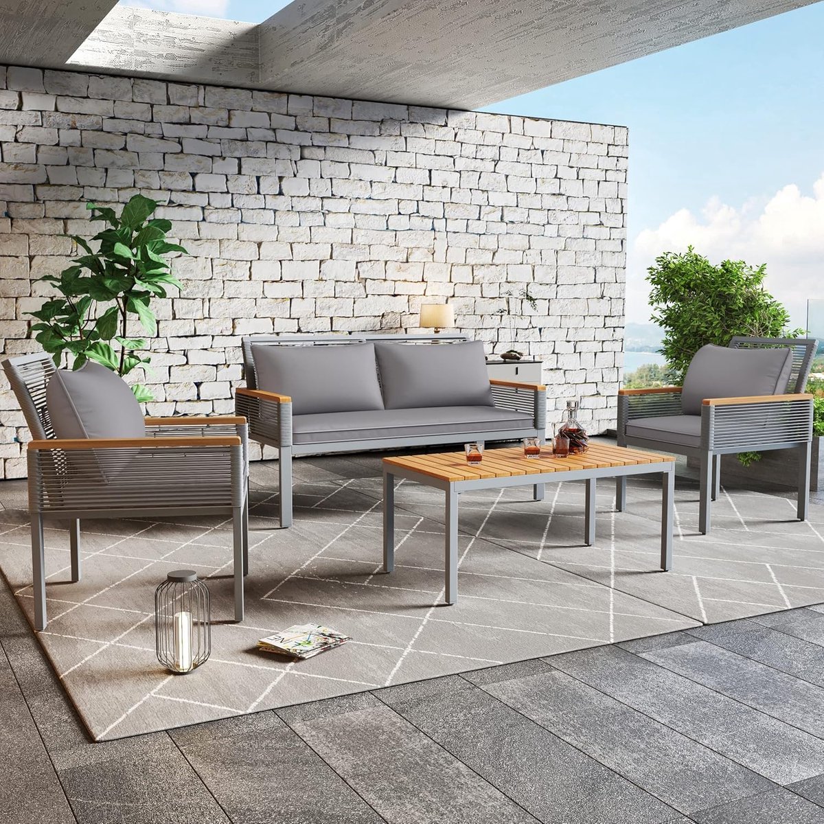 Luxe 4-delige Rattan Tuin Loungeset met Dubbele Bank, 2 Fauteuils en Tafel – Outdoor Garden Furniture Set met Comfortabele Kussens, Acaciahout & Weerbestendig Rope Design – Grijs