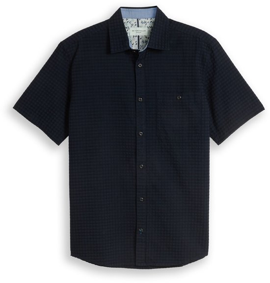 Blauw jacquard overhemd met korte mouwen en een paisley binnenzijde van de kraag.