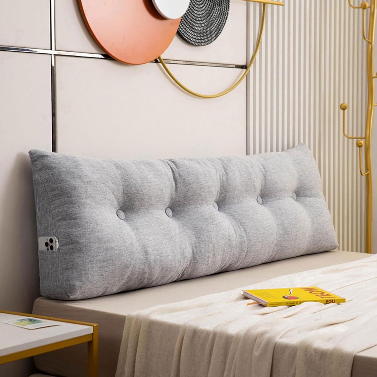 Leeskussen Bed - Hoofdkussen Wig - Comfortabel Zitten - Driehoekige Rugsteun - 200x40x12cm - Grijs