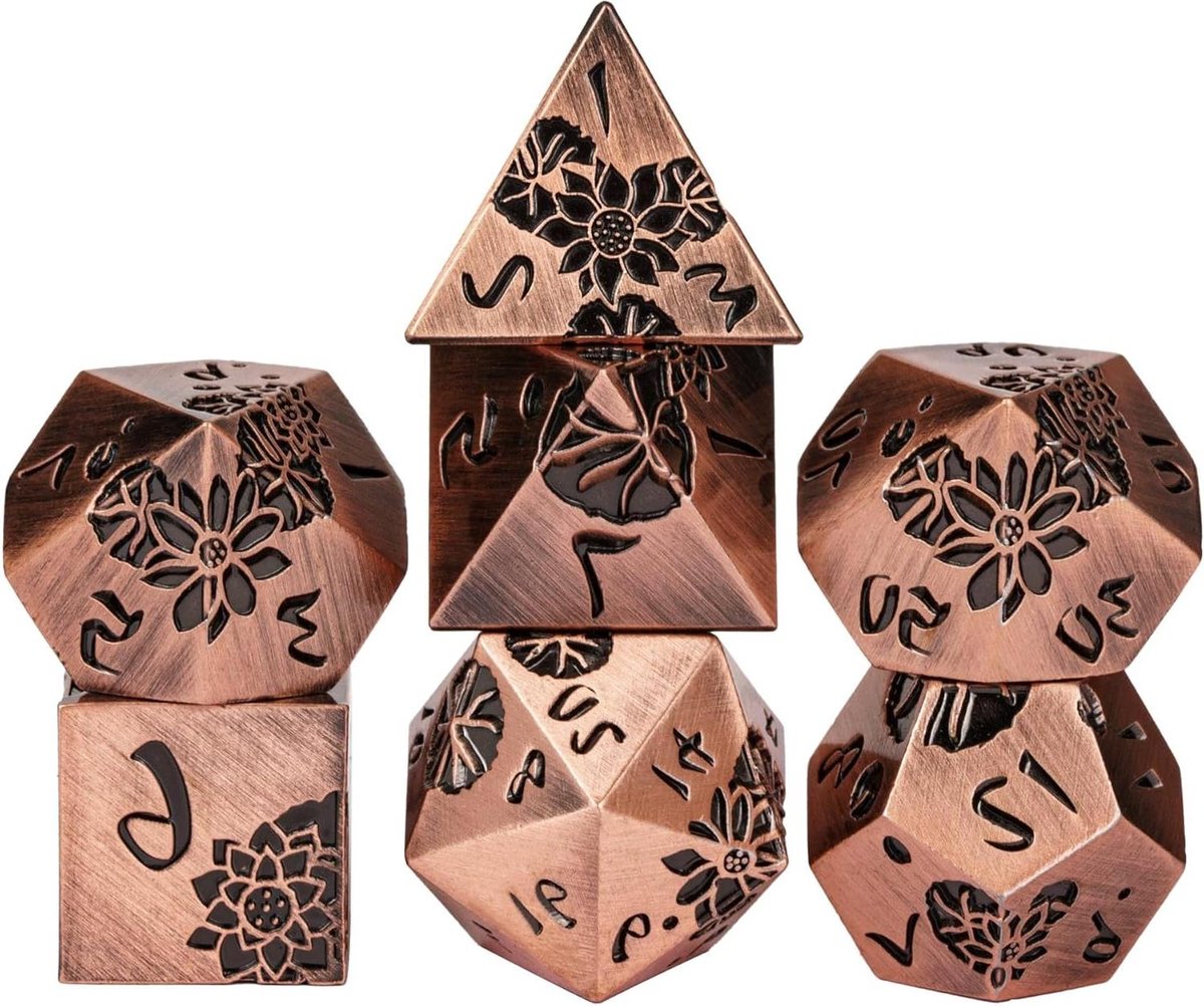 Metalen D&D Dobbelstenen - RPG Dobbelstenen Set - Tabletop Gaming - Lotus Bloemen Gravure - 7 Stuks - Oud Koper