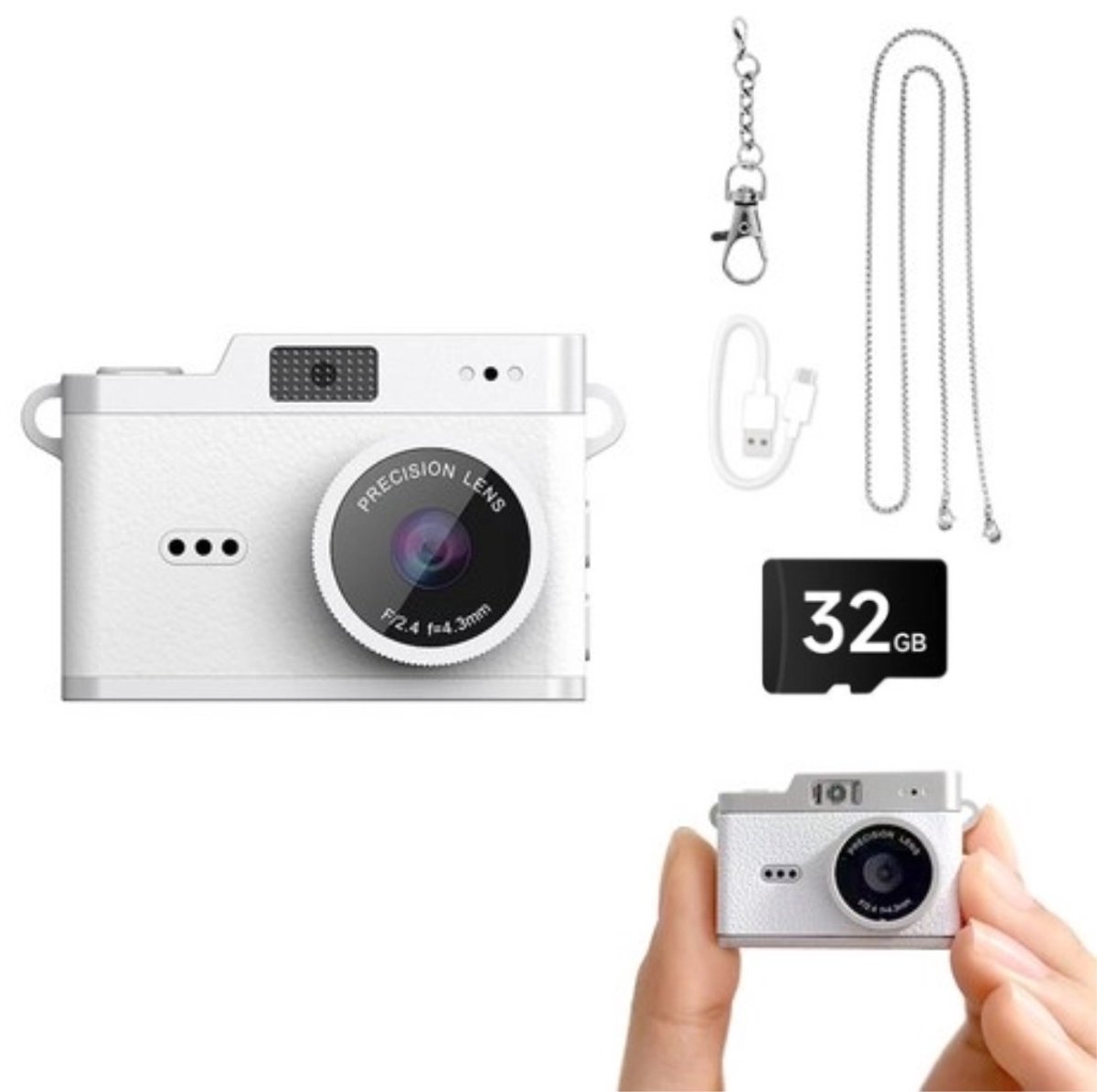 Mini Digitale Camera - met display - Digitale Camera - Digitale Kindercamera - 12MP 1080P FHD - met 32GB en Lanyard - draagbare - met flitser en meerdere filtermodi - draagbaar foto- en video-opnameapparaat - Camera voor Kinderen en Volwassen - wit
