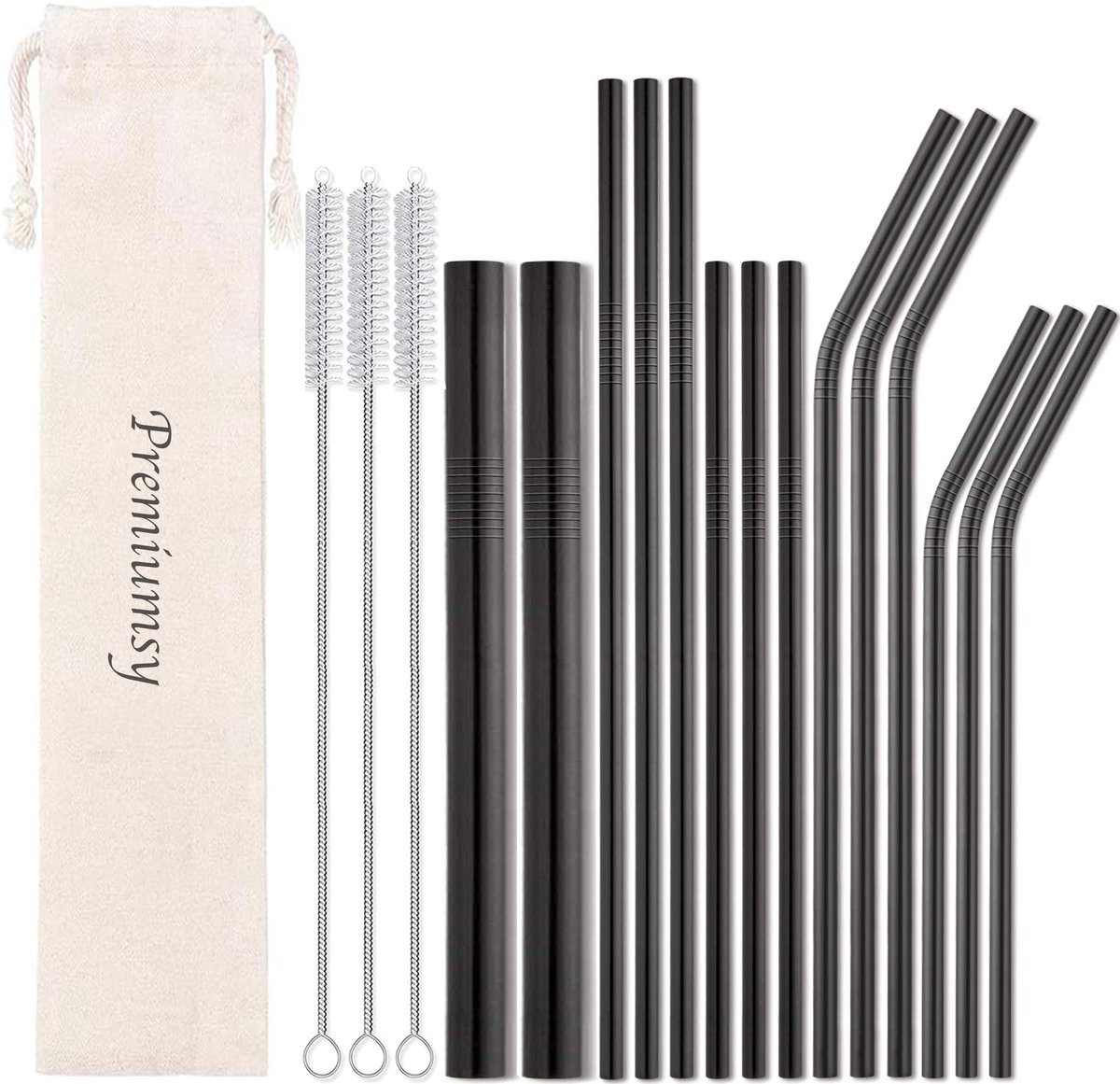 Premiumsy 14x Herbruikbare Metalen Rietjes - Verschillende Maten - Duurzame Rietjes Herbruikbaar - Ijzeren Rietjes - RVS Rietjes - Geschikt voor Smoothies en Cocktails - Zwart