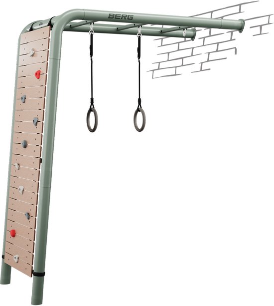 Berg PlayBase Wall met klimmuur en turnringen, groen frame.