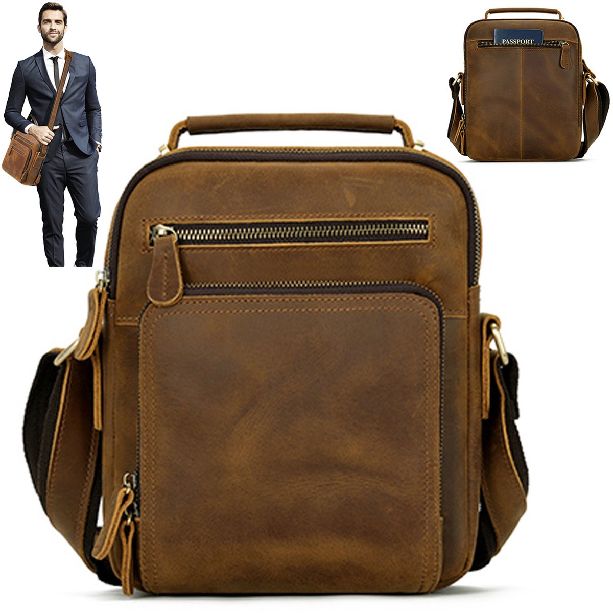 MODENUIT Rugzak – 26 x 11 x 21 cm – Leer – Khaki – Met Opbergvakken – Voor Werk, Studie en Dagelijks Gebruik