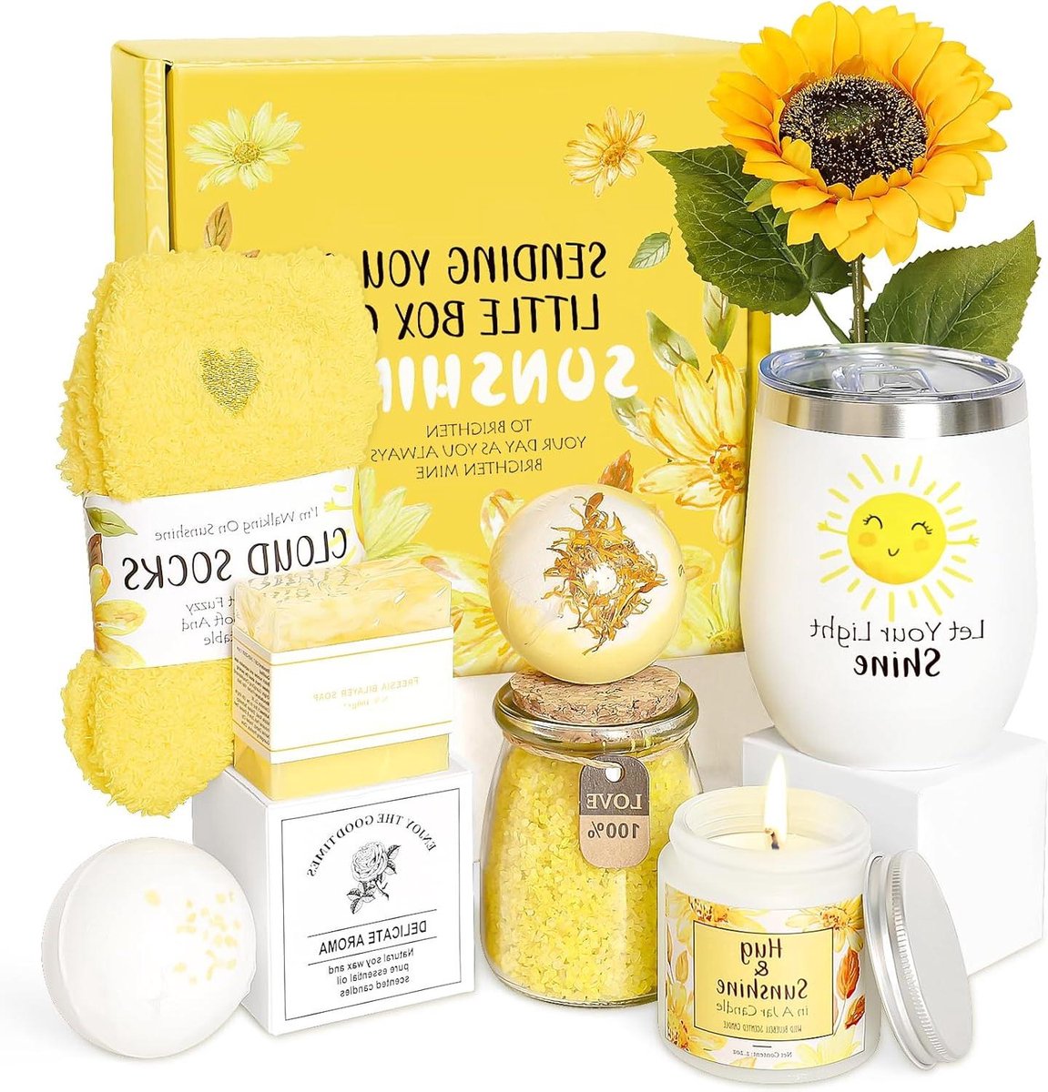 Zelfzorg Cadeaupakket - Ontspanningsset Vrouw - Moment voor Jezelf - 9 Delige Set - 12 Ounces Mok - Geel