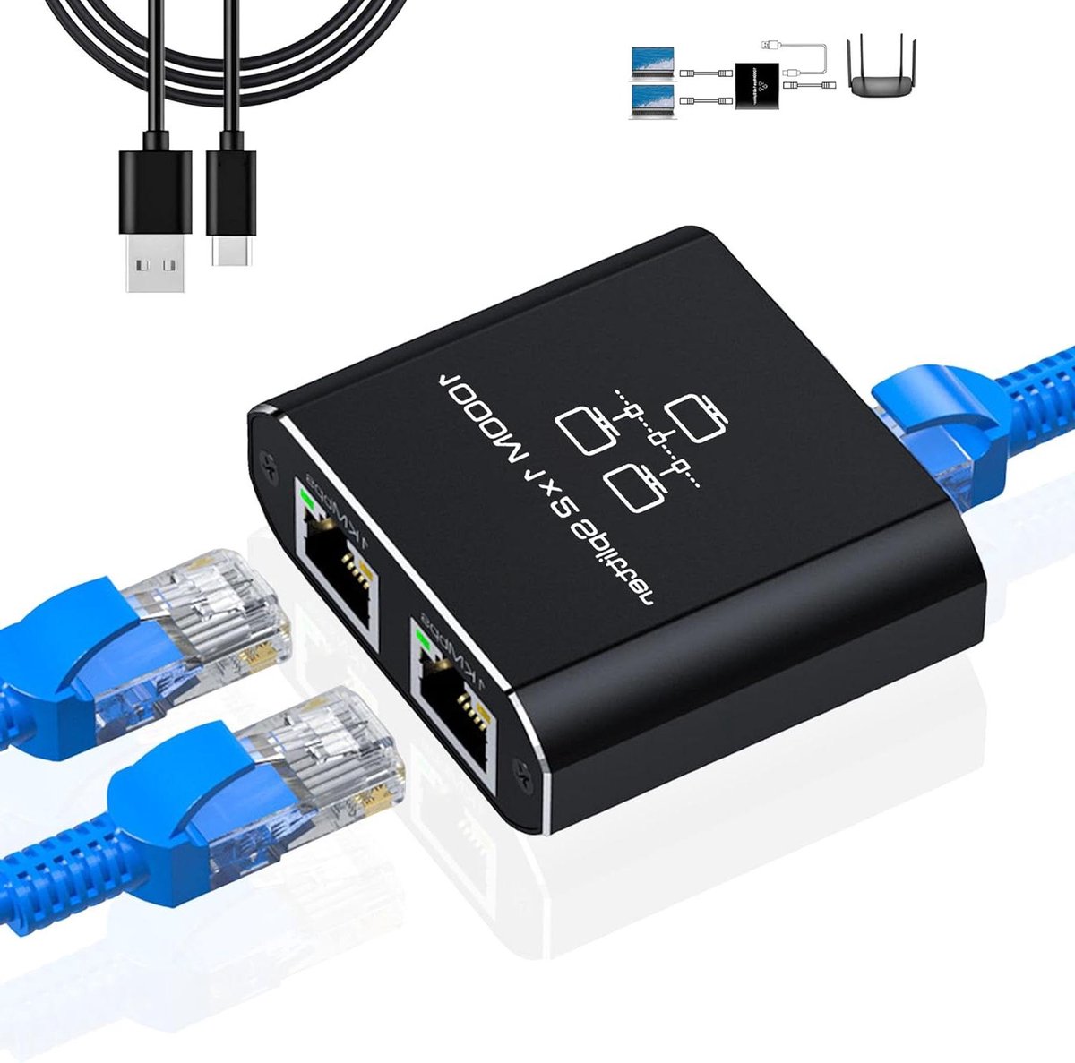 Ethernet Splitter - Netwerk Adapter - Internet Delen - 1000Mbps Hoge Snelheid - 1 naar 2 Poorten - Zwart
