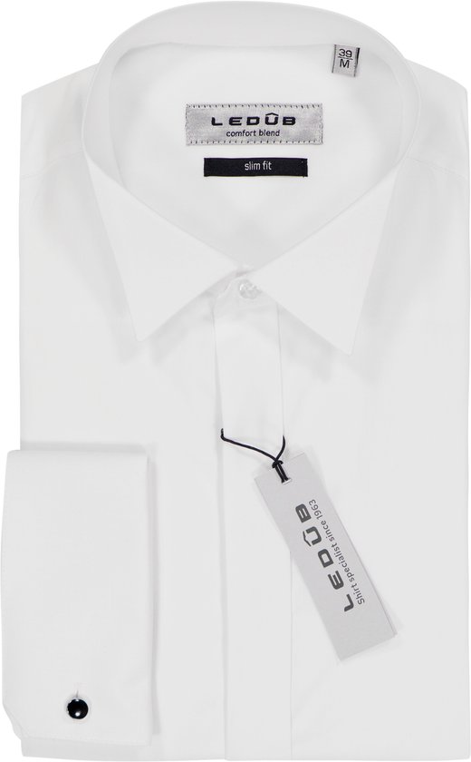 Ledub slim fit smoking overhemd - dubbele manchet en wing kraag - wit - Strijkvriendelijk - Boordmaat: 45