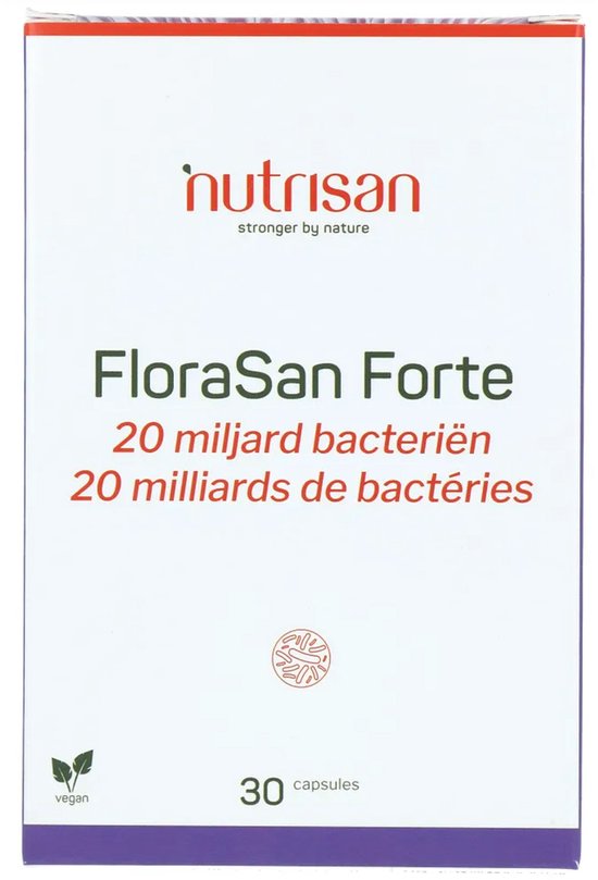 Doosje FloraSan Forte met 'nutrisan', '20 miljard bacteriën' en '30 capsules'.