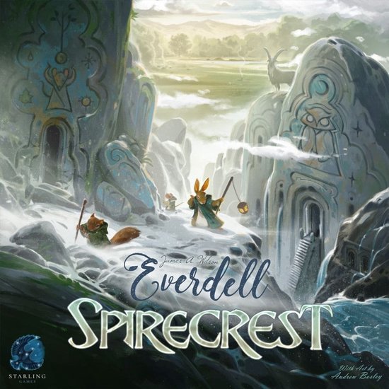 Artwork van Everdell: Spirecrest, met wezens in een besneeuwd landschap met grote rotsformaties.