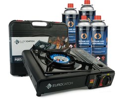 Eurocatch Kooktoestel op Gas - incl 4 Gasbussen -Gas Stove - Camping Kooktoestel - Gaspit - Gasfornuis - Gasstel - Cooker - Draagkoffer