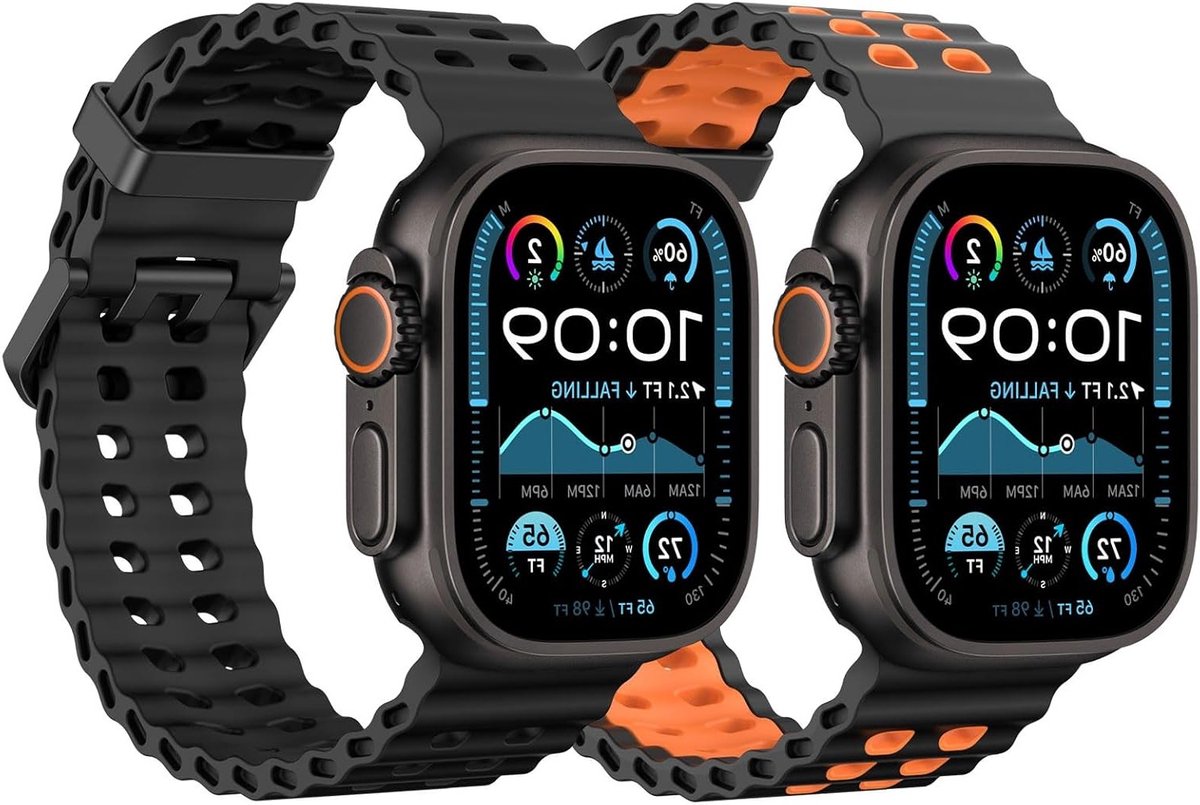 Ademende Bicolor Silicone Sportband voor Apple Watch Ultra en Series - 2-Pack, Zwart en Zwart Oranje, Geschikt voor Diverse Maten