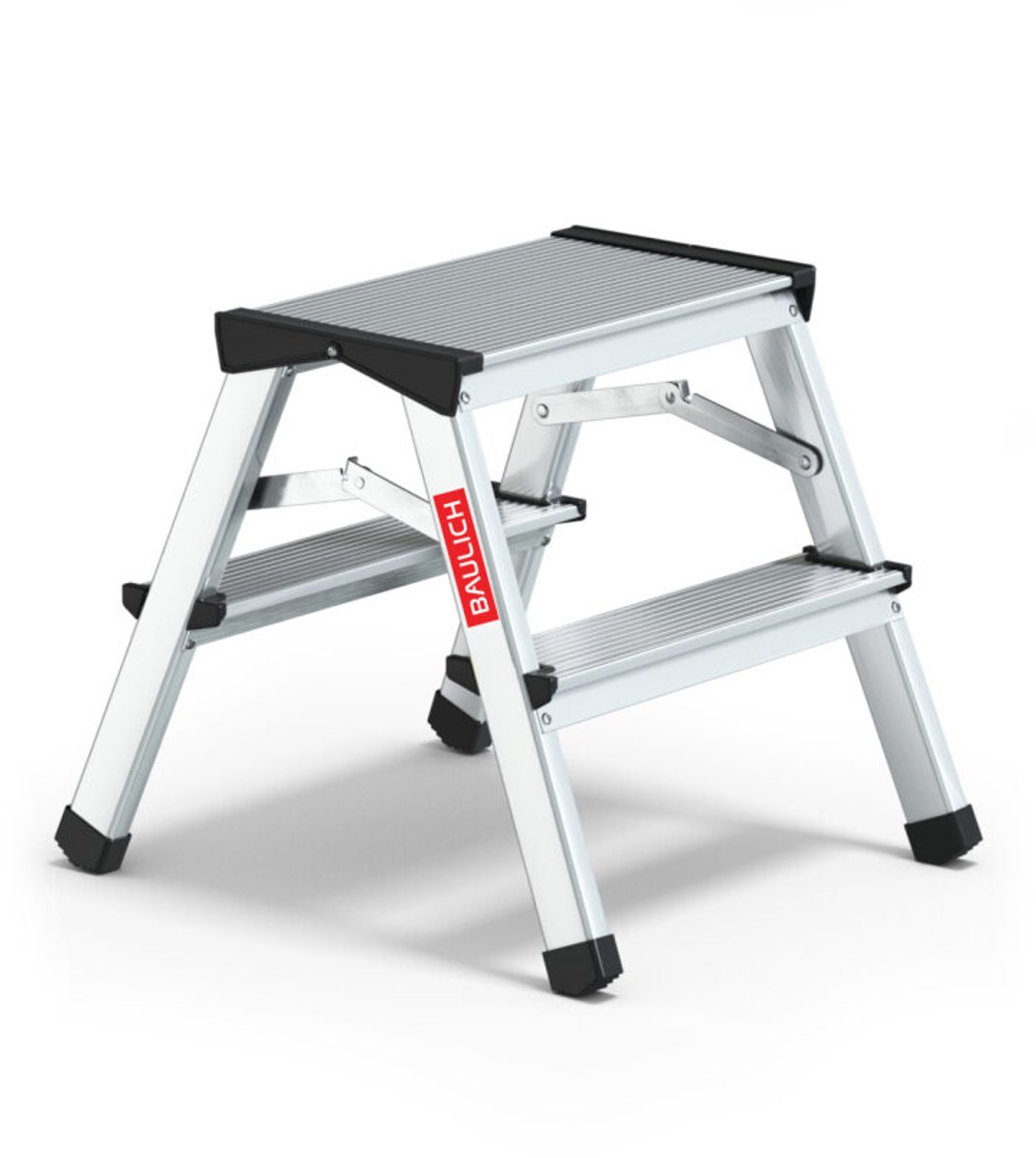 Baulich Huishoudtrap aluminium dubbelzijdig - 2 treden, opvouwbaar met antislip treden en platform - werkhoogte 237 cm, draagkracht 120 kg
