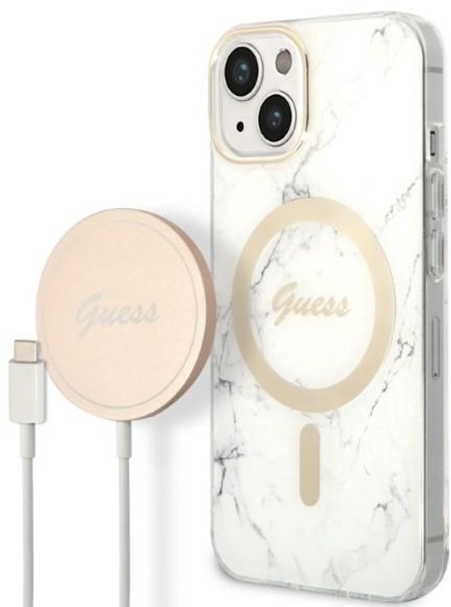 Guess - set - MagSafe oplader + hoesje voor iPhone - 14 - Plus - 6.7 - wit - Marmer - (GUBPP14MHMEACSH)